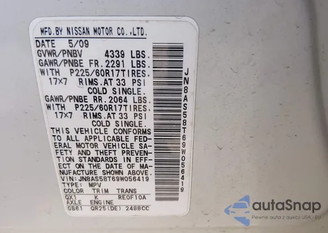 2009 Nissan Rogue Sl z USA, uszkodzony, nr VIN JN8AS58T69W056419